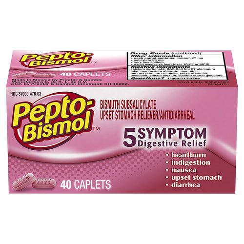 Pepto Bismol 5 Symptom Digestive Relief Medicine, Upset Stomach and Diarrhea Relief, 40 Caplets